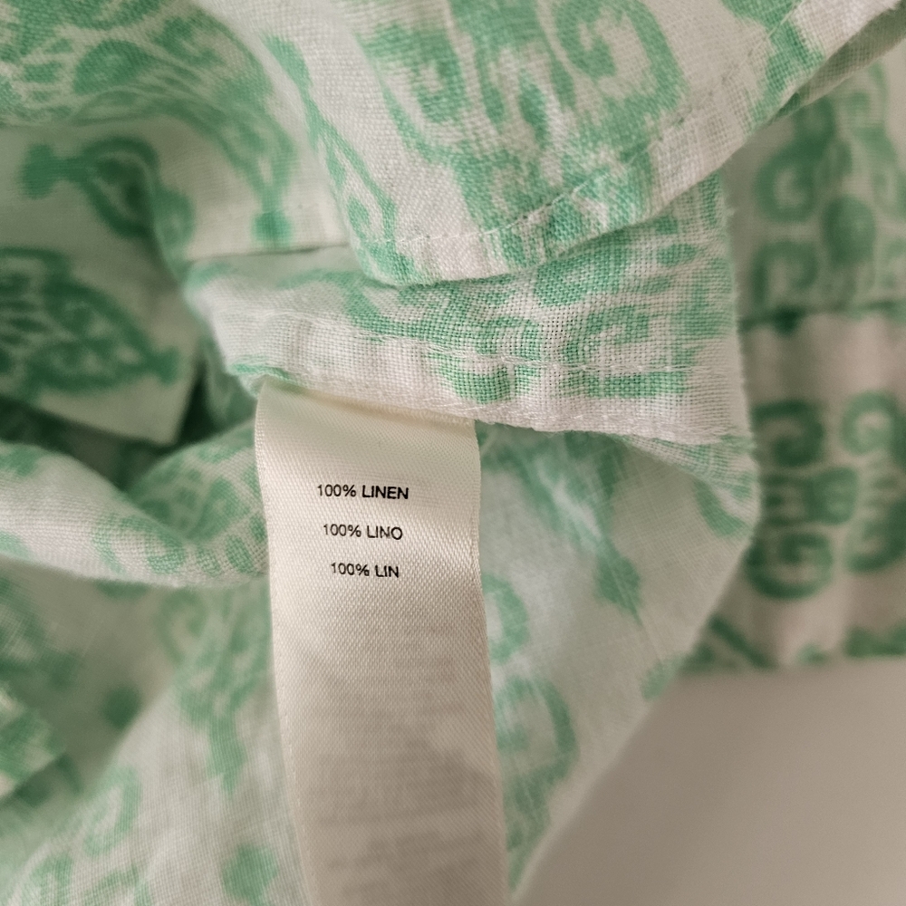 Chico's 100% Linen Large (Size 1 /M 8-10) No Iron Green & White Button Up Shirt - Picture 6 of 7